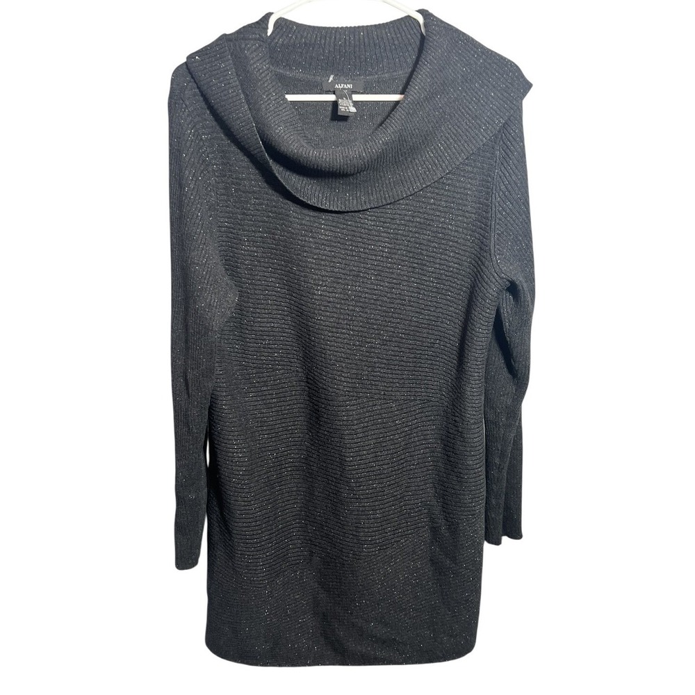 ALFANI Women's Gray Sparkle Cowl Neck Ribbed Knit Tunic‎ Sweater Size L